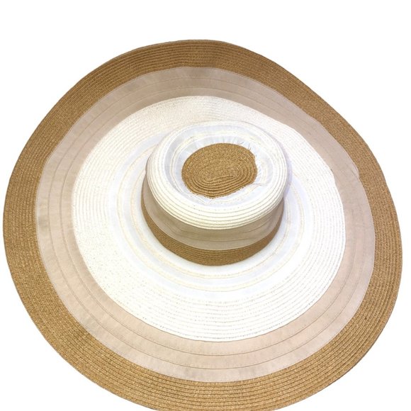 Stunning white tan wide brim cotton canvas straw black bow beach sun hat - Picture 9 of 9